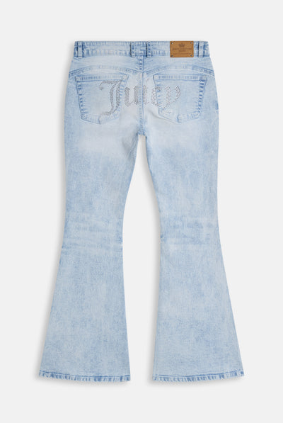 Jeans Flare a Vita Bassa con Logo Juicy in Strass – Lavaggio Chiaro