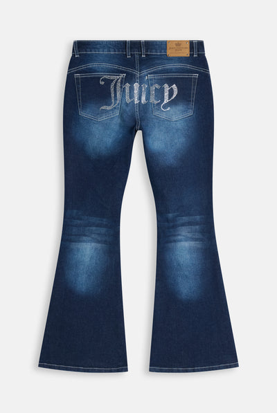 Jeans Flare a Vita Bassa con Logo Juicy in Strass – Lavaggio Medio
