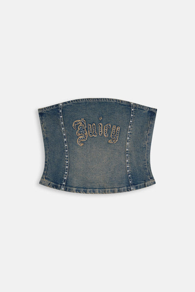 Corsetto in Denim con Borchie e Logo Juicy Applicato – Lavaggio Medio Sabbia