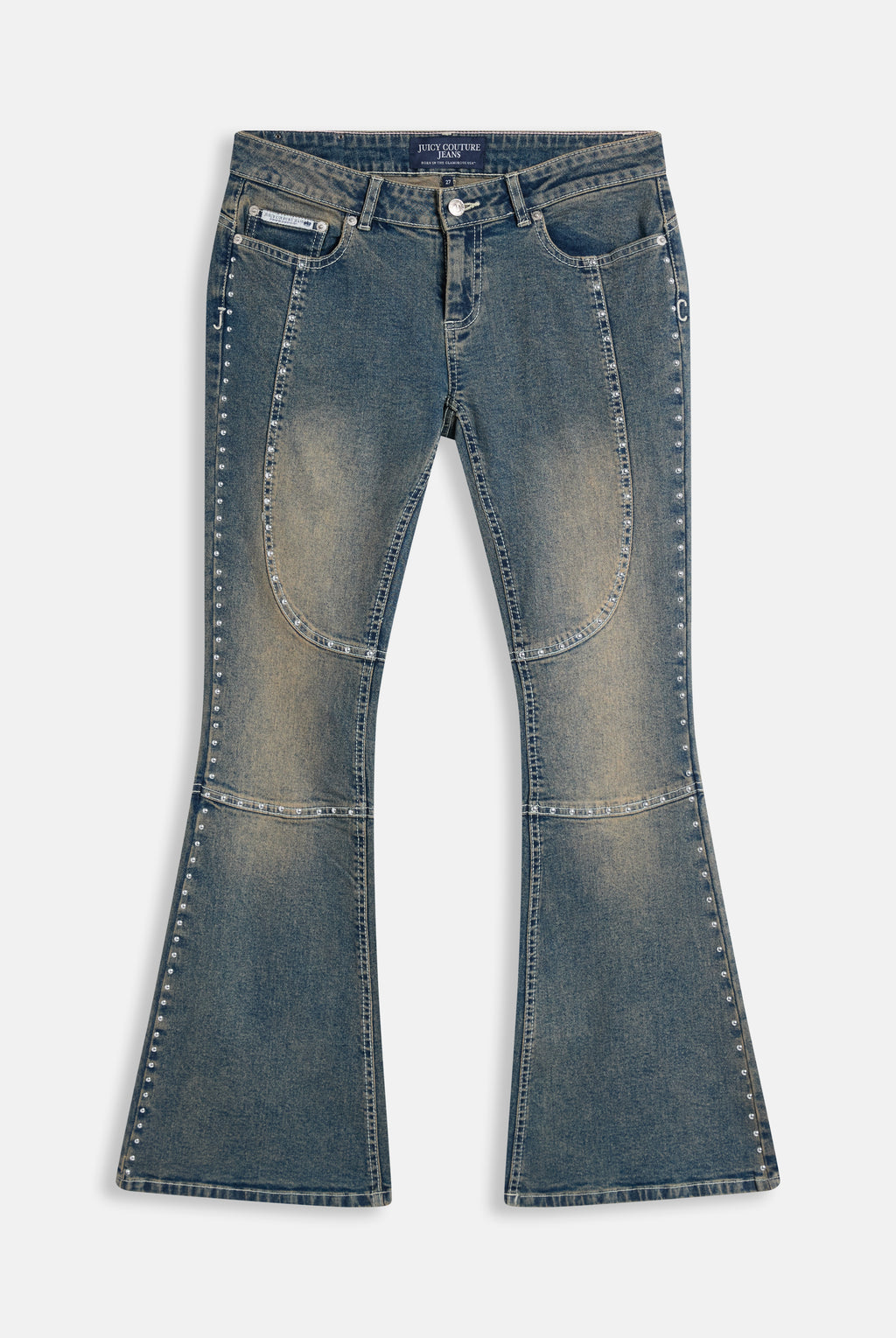 Jeans Flare a Vita Bassa con Borchie e Logo JC Applicato – Lavaggio Medio Sabbia