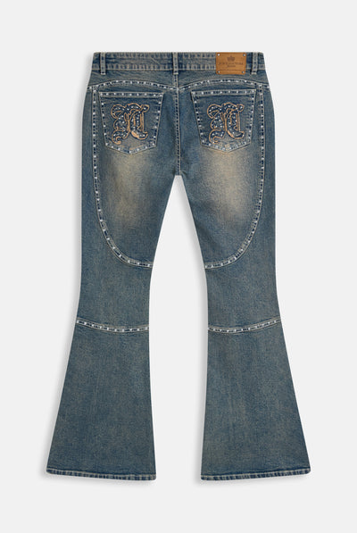 Jeans Flare a Vita Bassa con Borchie e Logo JC Applicato – Lavaggio Medio Sabbia