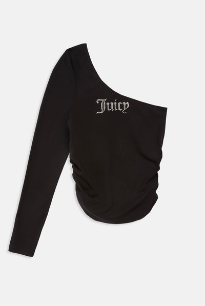 Top monospalla Nella Nero con logo strass