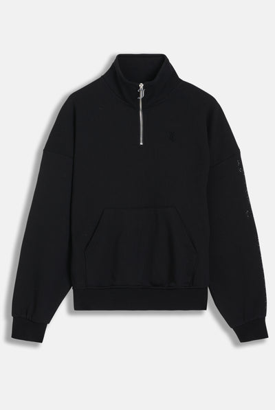Felpa crop oversize con collo alto a mezza zip e logo Juicy Couture in diamanti  Nero