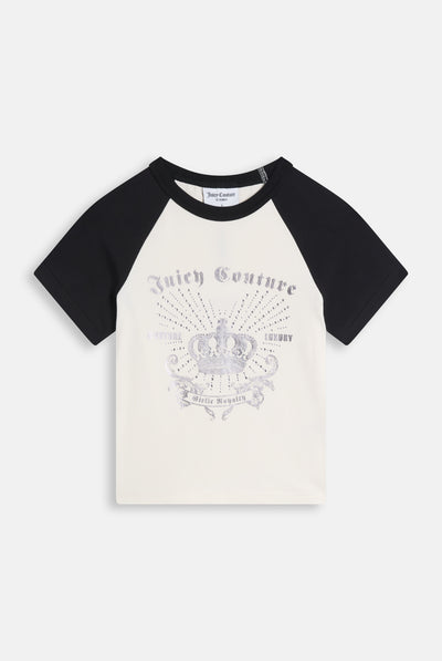Baby T-shirt in Jersey con Maniche a Contrasto e Logo in Strass – Panna