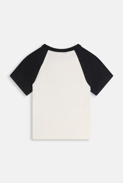 Baby T-shirt in Jersey con Maniche a Contrasto e Logo in Strass – Panna
