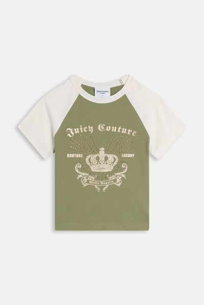 Baby T-shirt in Jersey con Maniche a Contrasto e Logo in Strass – Verde Oliva