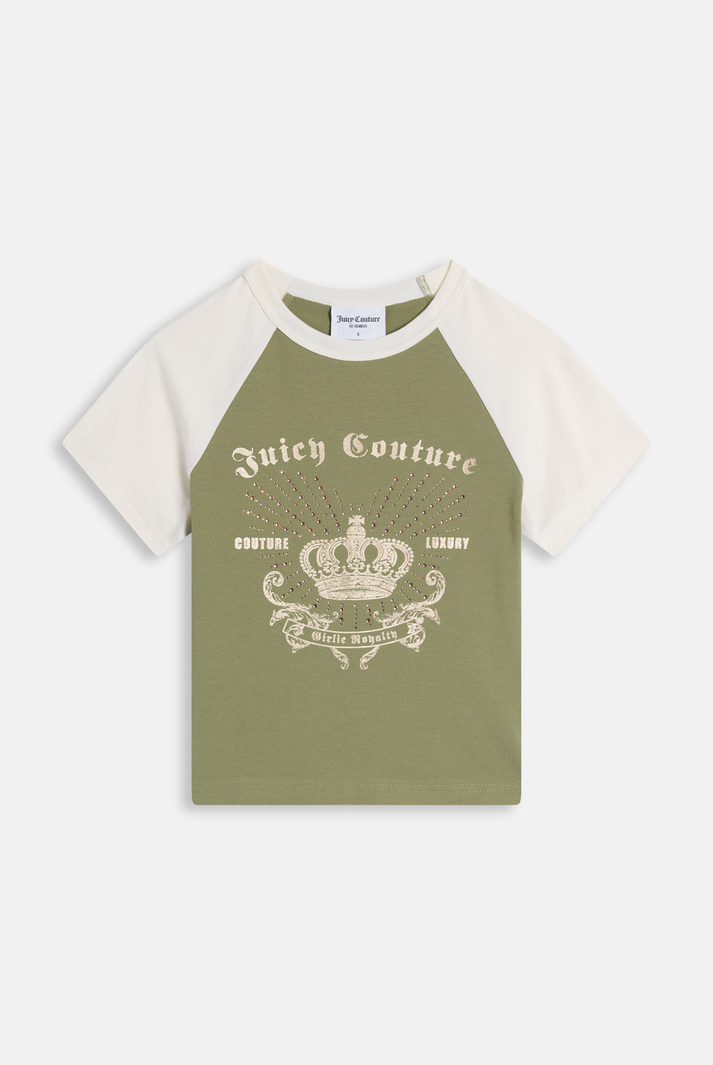 Baby T-shirt in Jersey con Maniche a Contrasto e Logo in Strass – Verde Oliva