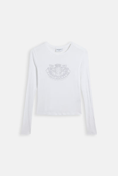 Top a Maniche Lunghe in Jersey con Logo Dog Crest in Strass – Bianco