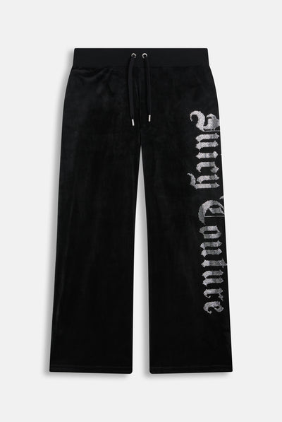 Pantaloni in Velluto a Vita Bassa con Logo Juicy Couture in Strass – Nero