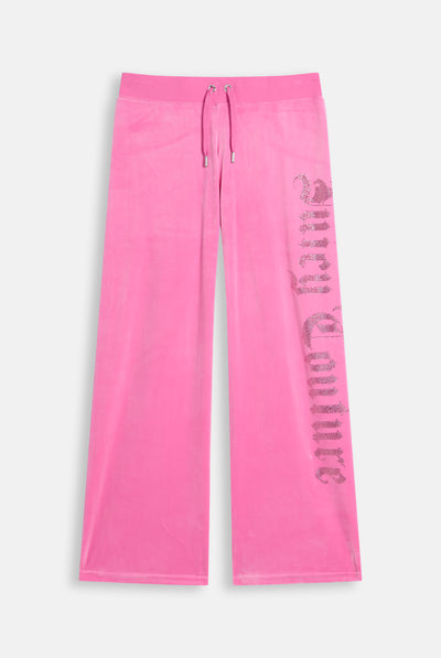 Pantaloni in Velluto a Vita Bassa con Logo Juicy Couture in Strass – Rosa Orchidea