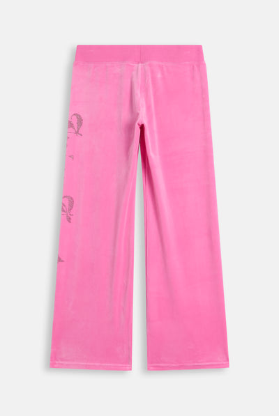 Pantaloni in Velluto a Vita Bassa con Logo Juicy Couture in Strass – Rosa Orchidea