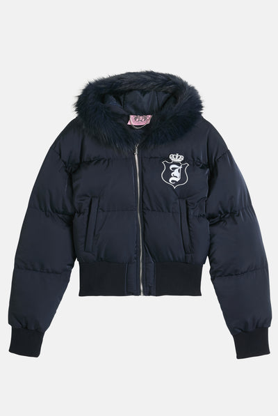 Giacca imbottita crop House of Juicy in velour con cappuccio con bordo in ecopelliccia Blu Scuro