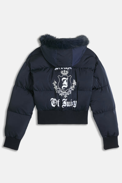 Giacca imbottita crop House of Juicy in velour con cappuccio con bordo in ecopelliccia Blu Scuro