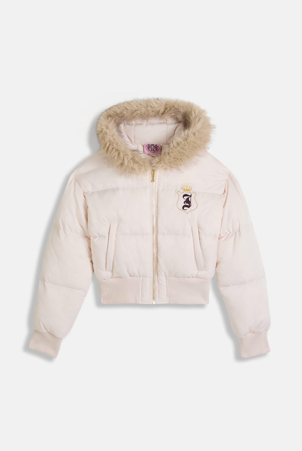 Giacca imbottita crop House of Juicy in velour con cappuccio con bordo in ecopelliccia Rosa Cipria