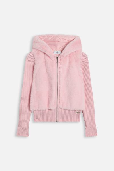 Giacca con Cappuccio in Pelliccia, Maniche in Maglia e Logo Juicy – Rosa Cipria