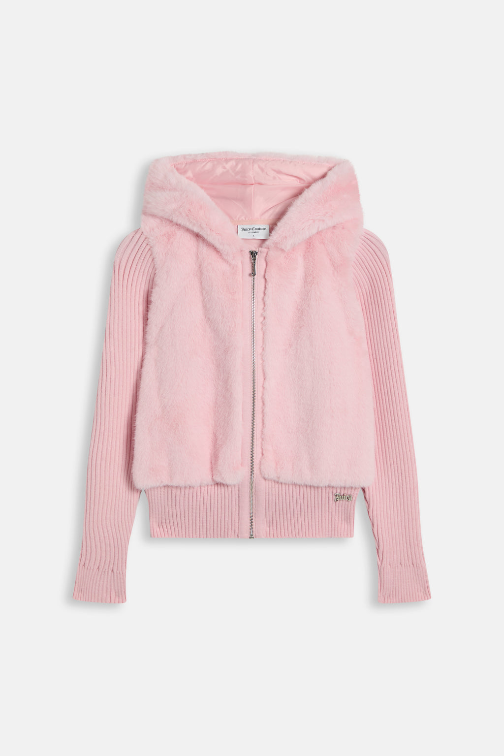 Giacca con Cappuccio in Pelliccia, Maniche in Maglia e Logo Juicy – Rosa Cipria