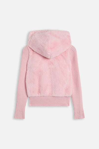 Giacca con Cappuccio in Pelliccia, Maniche in Maglia e Logo Juicy – Rosa Cipria
