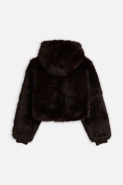 Giacca Oversize in Pelliccia con Cappuccio e Pompon – Marrone