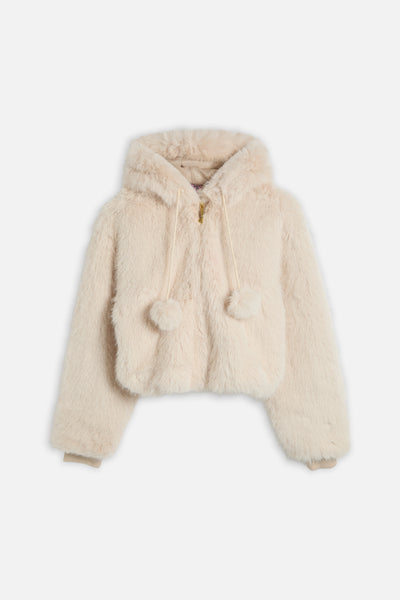 Giacca Oversize in Pelliccia con Cappuccio e Pompon – Beige Naturale