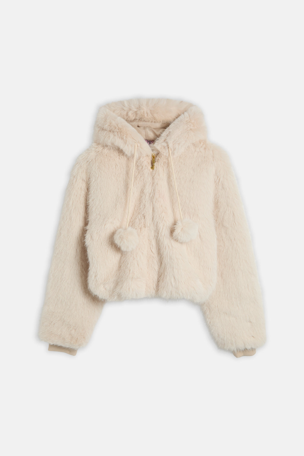 Giacca Oversize in Pelliccia con Cappuccio e Pompon – Beige Naturale