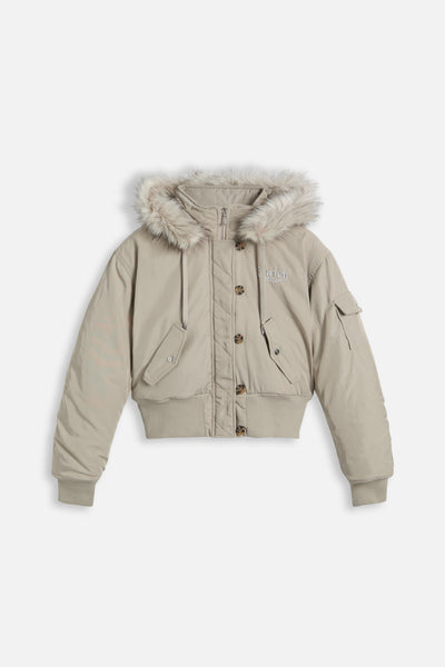 Bomber Camille in Nylon con Cappuccio, Bordo in Pelliccia e Logo Ricamato – Beige Naturale