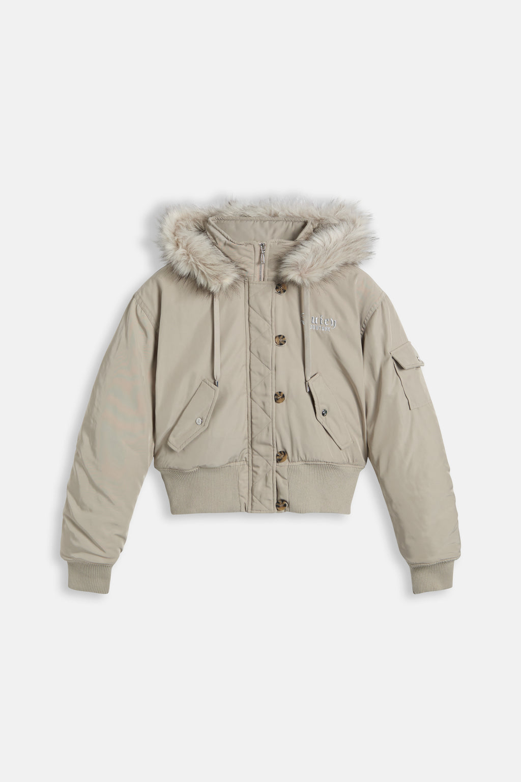Bomber Camille in Nylon con Cappuccio, Bordo in Pelliccia e Logo Ricamato – Beige Naturale