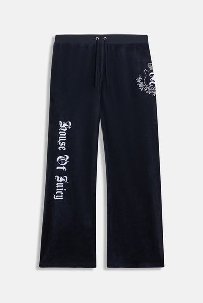 Pantalone in velour di bamboo a vita ultra bassa con ricamo House of Juicy Blu Scuro