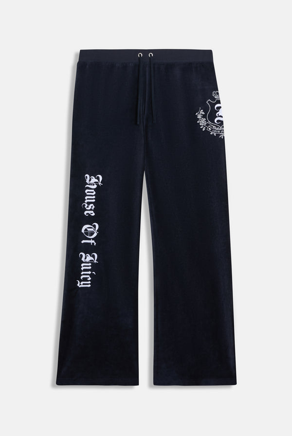 Pantalone in velour di bamboo a vita ultra bassa con ricamo House of Juicy Blu Scuro