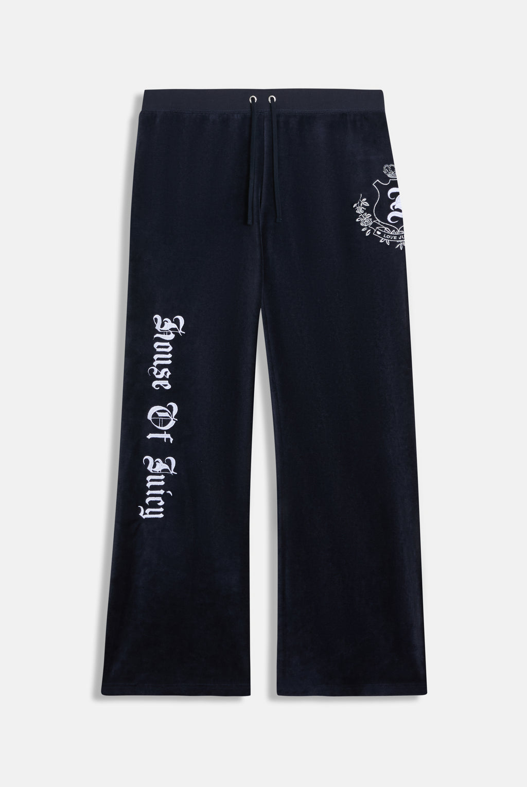 Pantalone in velour di bamboo a vita ultra bassa con ricamo House of Juicy Blu Scuro
