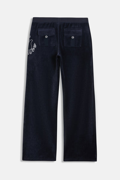 Pantalone in velour di bamboo a vita ultra bassa con ricamo House of Juicy Blu Scuro