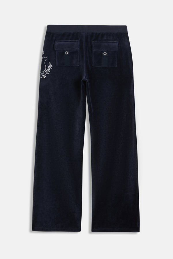 Pantalone in velour di bamboo a vita ultra bassa con ricamo House of Juicy Blu Scuro