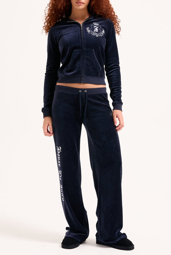 Pantalone in velour di bamboo a vita ultra bassa con ricamo House of Juicy Blu Scuro