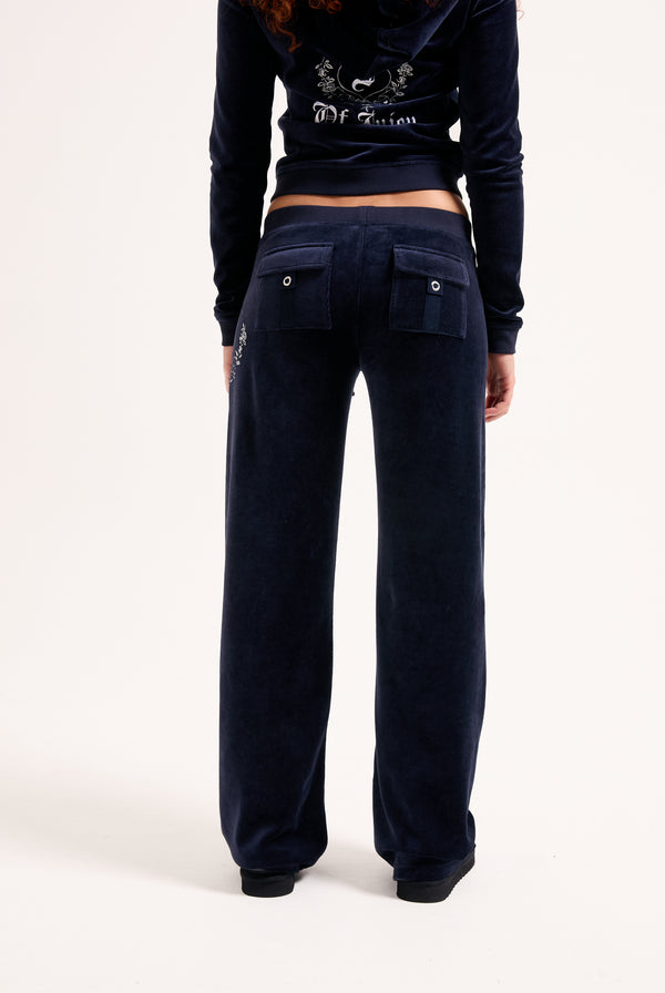 Pantalone in velour di bamboo a vita ultra bassa con ricamo House of Juicy Blu Scuro