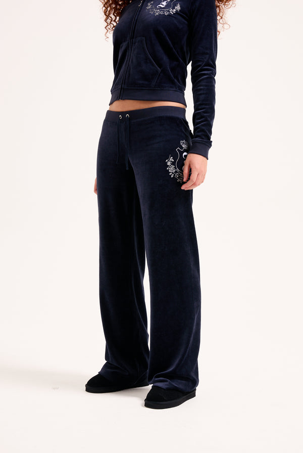 Pantalone in velour di bamboo a vita ultra bassa con ricamo House of Juicy Blu Scuro