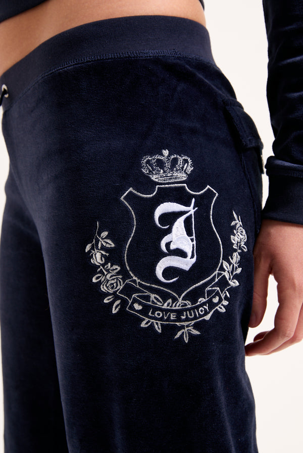 Pantalone in velour di bamboo a vita ultra bassa con ricamo House of Juicy Blu Scuro