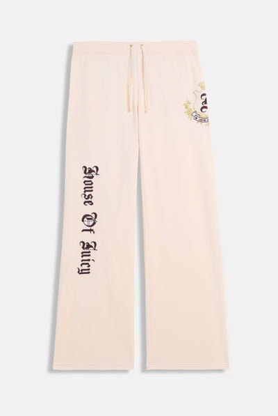 Pantalone in velour di bamboo a vita ultra bassa con ricamo House of Juicy Rosa Cipria