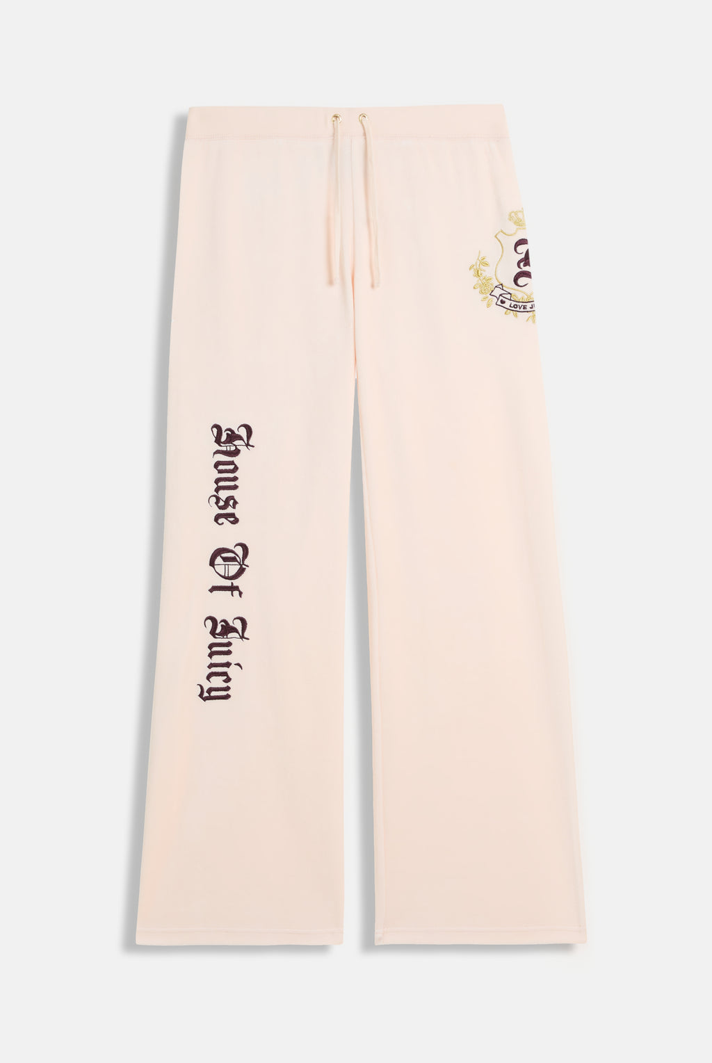 Pantalone in velour di bamboo a vita ultra bassa con ricamo House of Juicy Rosa Cipria