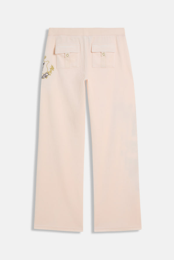 Pantalone in velour di bamboo a vita ultra bassa con ricamo House of Juicy Rosa Cipria