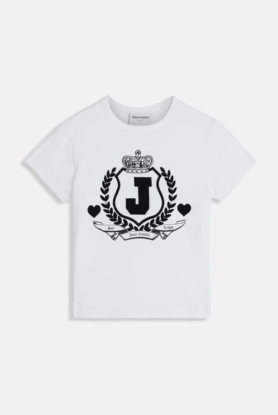 Maglietta in jersey aderente con ricamo Juicy a stemma Bianco