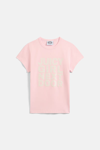 T-shirt in jersey con stampa 'JUICY-GIRL NEXT DOOR' frontale colore rosa